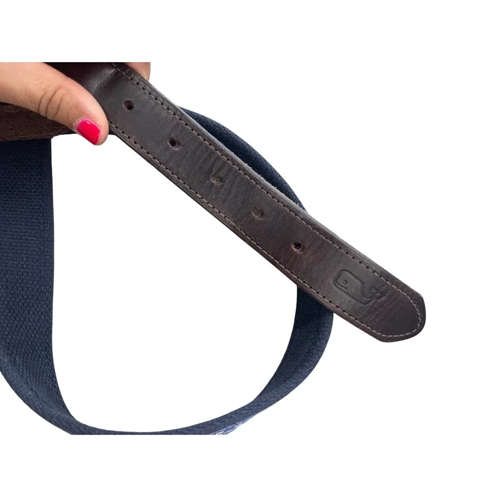 Vineyard Vines Navy Blue Fish Bone Embroidered Canvas Leather Belt Size 32‎ I07